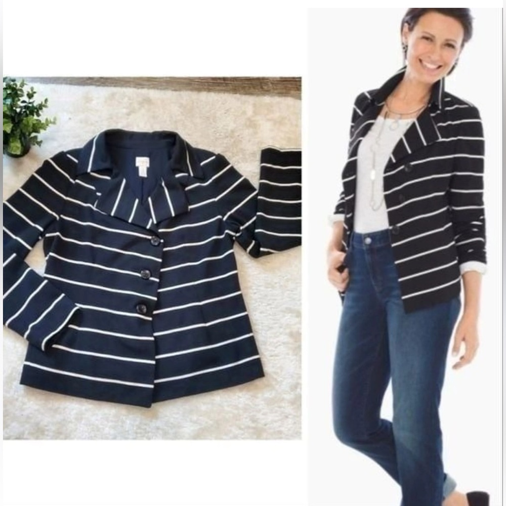 Chicos Knit Blazer Black White Striped Big 3 Button Front Diagonal. Size 3 (847)